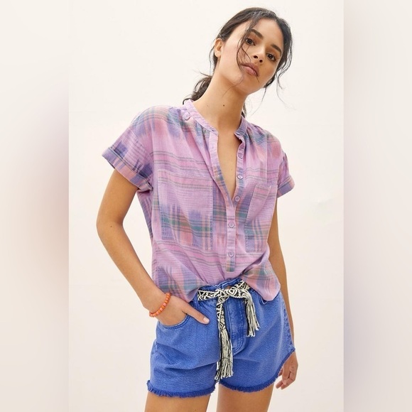 Anthropologie Pilcro The Hannah Surf Short Sleeve Blouse Purple Motif Plaid - Picture 1 of 13